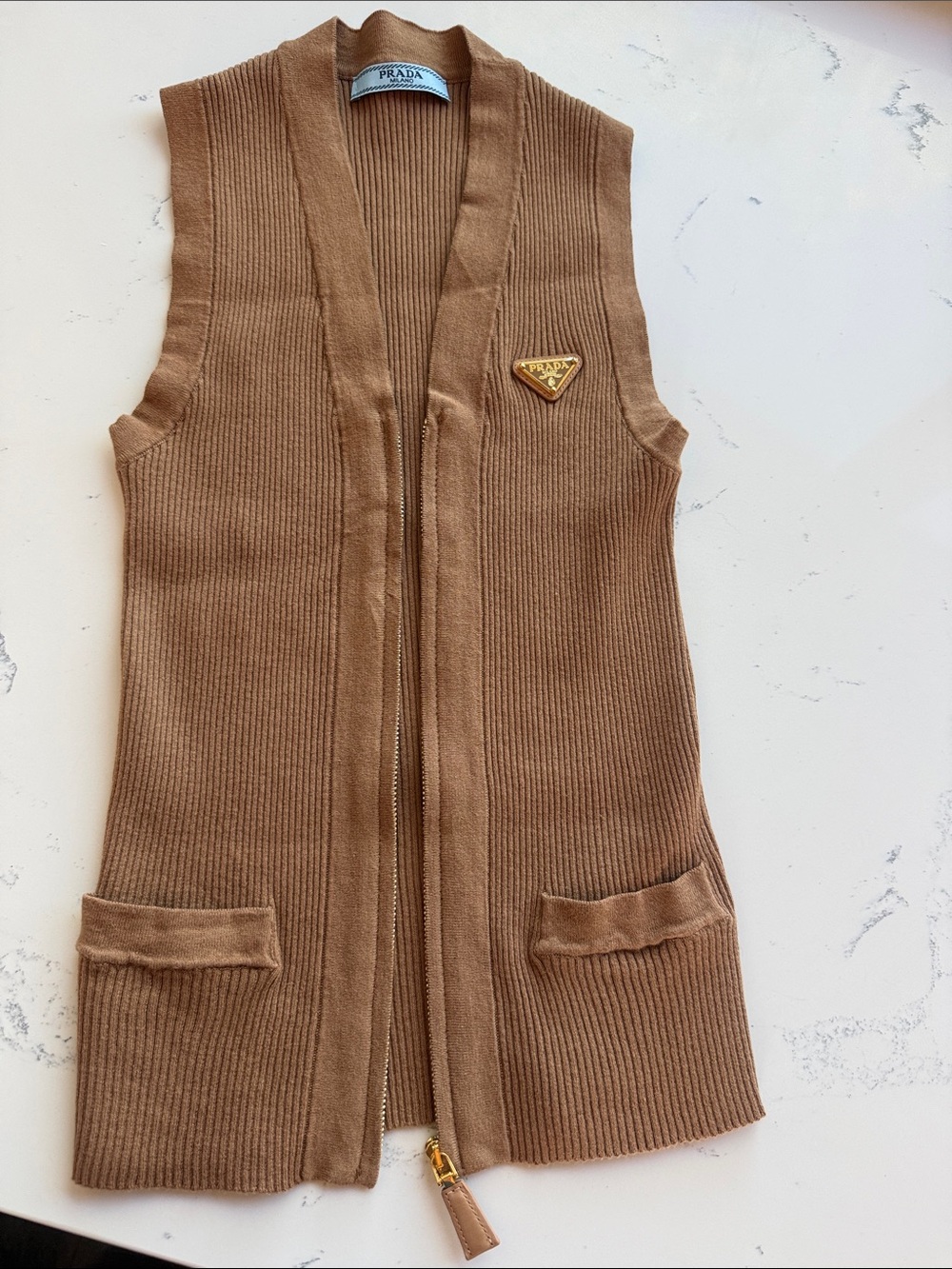 Prada Ribbed Knit Sleeveless Zip Vest Cardigan Brown Camel Leather Logo Plaque - Picture 9 of 16
